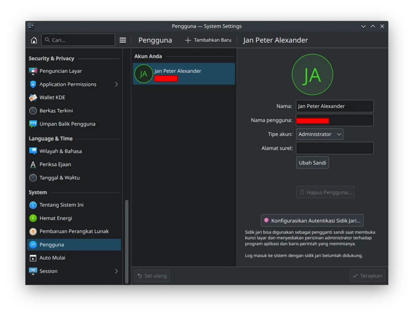 KDE fingerprint settings dialog