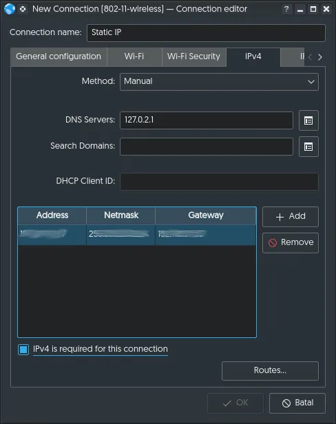Network Manager configuration for static address